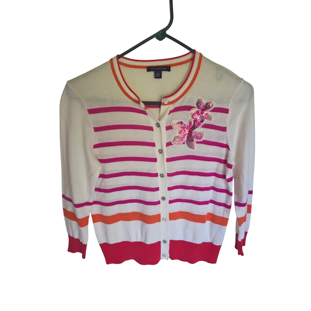Tommy Hilfiger Womens XS Striped Sequin Flower Cardigan Pink Orange Cream
